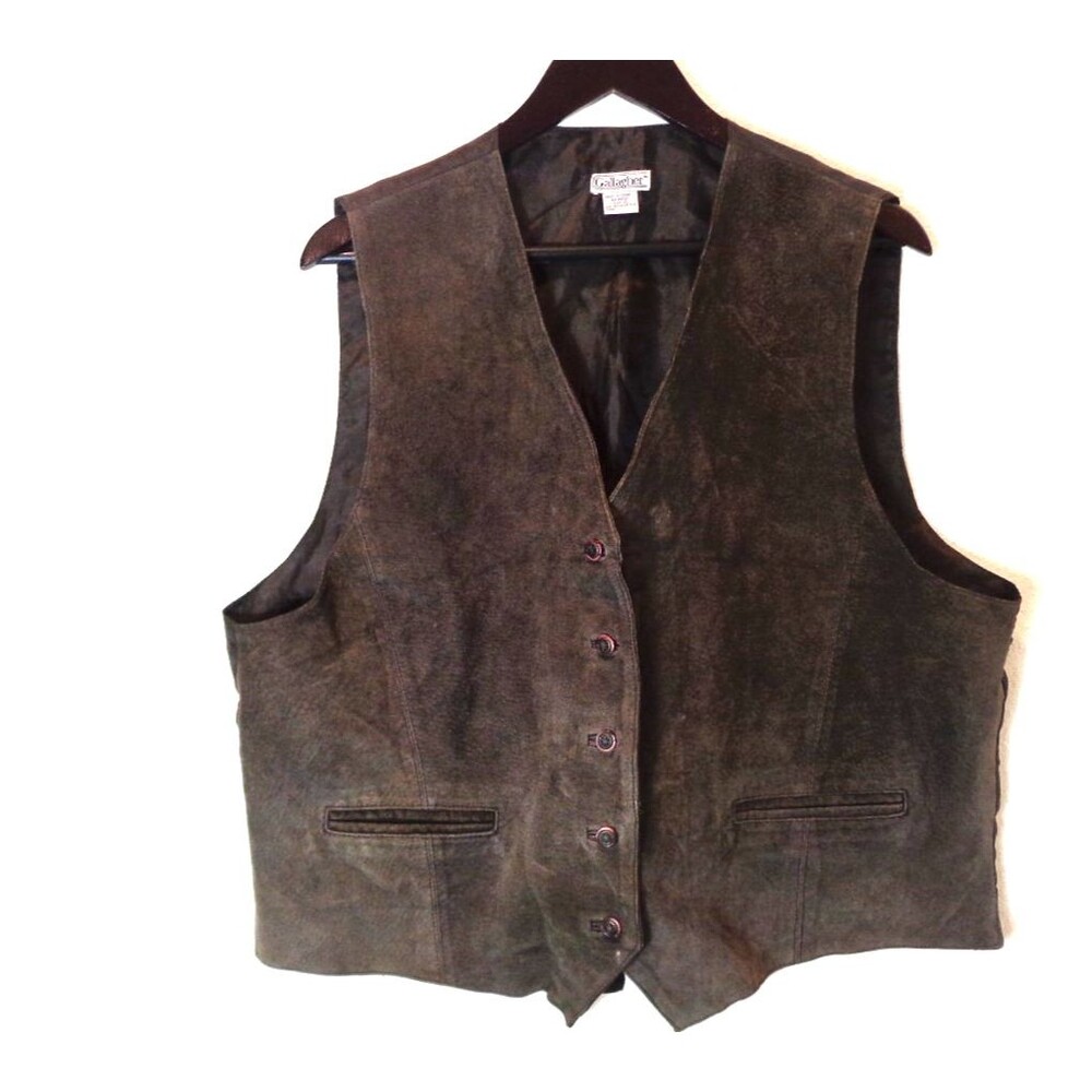 Vintage Gallagher Leather Vest Sz XL Brown Mens w/ Back Strap, 5 Button
